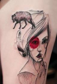 Pildspalvas zīmēšanas stila krāsains meitenes portrets un vilka silueta tetovējuma raksts