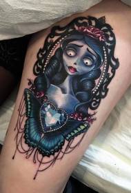 La sposa delle zombie ha colorato lo stile dell'illustrazione della coscia con il modello del tatuaggio della farfalla e del diamante