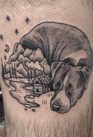 Tee swart lyn prik hond gekombineer huis berge tatoeëring patroon