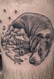 Coscia linea nera cane da puntura combinata casa modello tatuaggio montagna