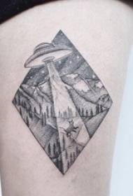 Thigh tattoo black and white gray style prick tattoo geometric element tattoo landscape picture