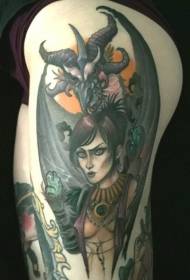 Thigh old school mysterious woman with dragon tattoo pattern