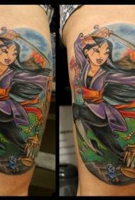 大腿卡通風格彩色的花玉蘭劍與花紋身圖案