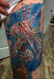 腿現實主義風格的多彩海底魚紋身圖案