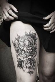 大腿灰色的各种花朵纹身图案