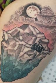 Modello di tatuaggio di paesaggio di scuola Europa e America della coscia