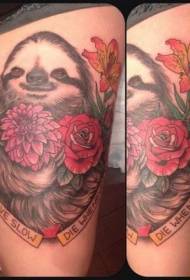Thigh cute tree scull with flowers letters painted tattoo pattern