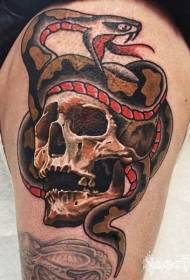 Cranio colorato vecchio stile coscia con motivo tatuaggio serpente malvagio