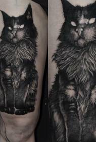 太もものとげスタイル邪悪な大きな黒い猫のタトゥーパターン