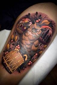 Leg color big owl with drum tattoo pattern