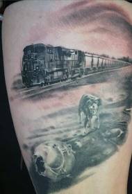 Thigh black and white modern train with dog tattoo pattern