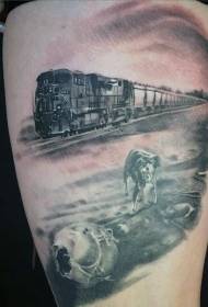 Nigra kaj blanka moderna trajno kun hundo tatuaje ŝablono