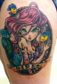 Thigh cartoon sirena at clownfish alpabetong kulay ng tattoo pattern