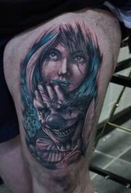 Thigh new school crazy clown woman tattoo pattern
