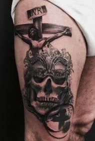 Thigh black gray style cross on jesus skull and mask tattoo pattern