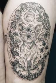 Salaperäinen koiran muotokuva eri kukilla ja kuun tatuointikuviolla