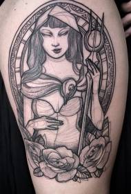 Modèle de tatouage femme et fleur fantaisie noir et blanc simple cuisse