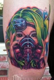 Cuisse style moderne peint futur modèle de tatouage de femme et masque à gaz
