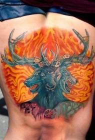 Muslo misterioso estilo de ilustración ciervo diablo con patrón de tatuaje de llama