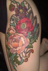 Lány comb gyönyörű színes virág tetoválás minta