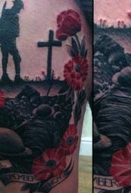 Patrón de tatuaje militar y floral conmemorativo de color de hombro