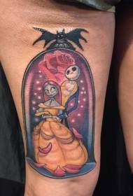 Thigh color cartoon zombie couple tattoo pattern
