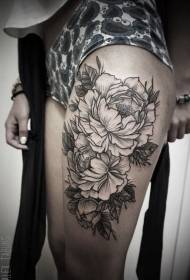 Stehna klasické černé linie květinový vzor tetování