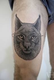 Thigh engraving style black cat and geometric tattoo pattern