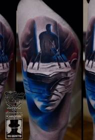 Surrealistic style colorful human figure mysterious face tattoo pattern