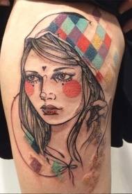 Dij schets stijl vrouw en kleurrijke geometrische tattoo patroon