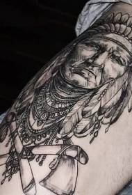 Femuro nigra griza indiana portretita tatuaje ŝablono