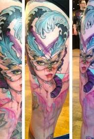 Бедро олдскульная девочка и бабочка маска чернила татуировки рисунок