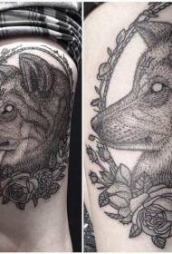 Old school black devil wolf con patrón de tatuaje de rosa
