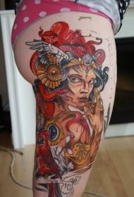Modello di tatuaggio ritratto di bellezza esotica coscia