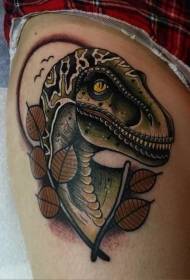 Šlaunies naujas mokyklos spalvos dinozauras su lapų tatuiruotės modeliu