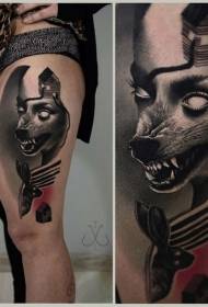 Új iskolai comb hátborzongató ördög farkas tetoválás mintával
