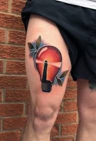 Lampadina colorata coscia e foglie blu fumo modello tatuaggio