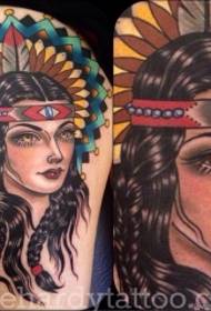 大腿欧美school印第安女郎纹身图案