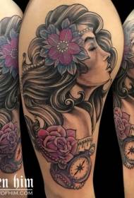 Leg new style colorful female portrait tattoo