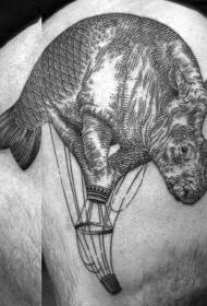 이상하게 설계된 검은 반 물고기 반 코뿔소 풍선 문신 패턴