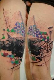 Neshorn tatoveringsmønster i fargerik geometrisk stil i benet