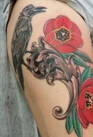 Coscia corvo vecchia scuola nera con motivo tatuaggio fiore rosso