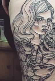 Sketch style black line woman avec motif de tatouage de chat et de fleur