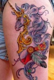 Coscia fantasia tatuaggio fantasia unicorno piuma multicolore