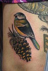 Modello di tatuaggio dipinto pigna scuola uccello coscia