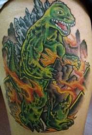 Stehna kreslený zelený gorila a hořící město tetování vzor