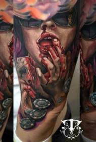 Modello del tatuaggio di colore della ragazza del vampiro e carte da gioco