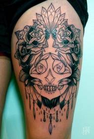Thigh black line mexican portrait with floral tattoo pattern