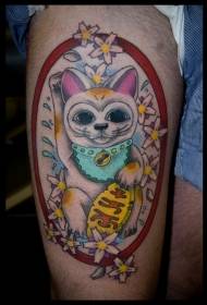 Thigh asian beckoning cat and flower color tattoo pattern
