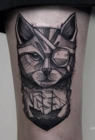 Patrón de tatuaxe de vela de gato pirata negro ao estilo de coxas